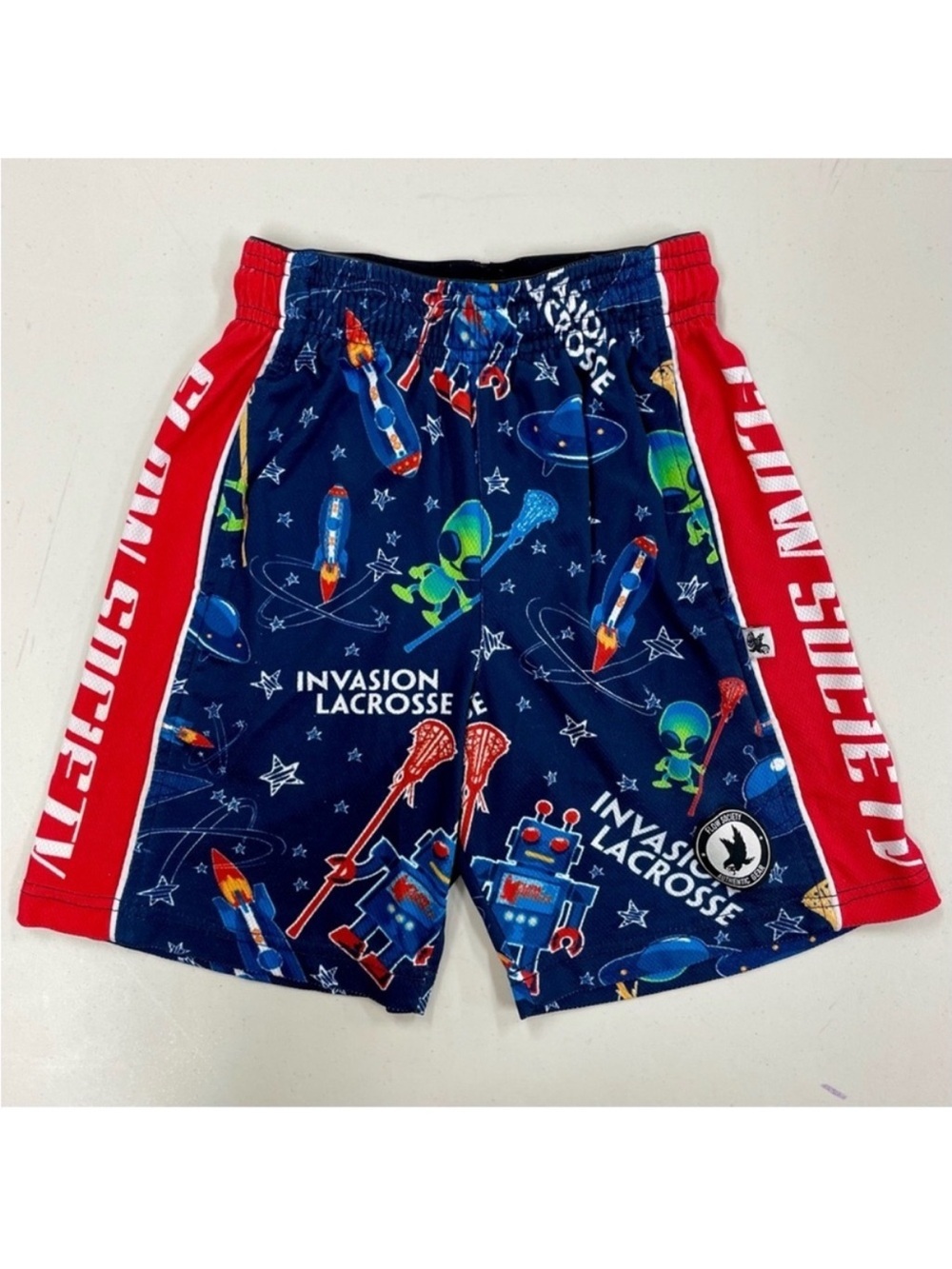 Flow Society Lacrosse Shorts Boys Small Invasion Attack Lax Aliens Robots Space